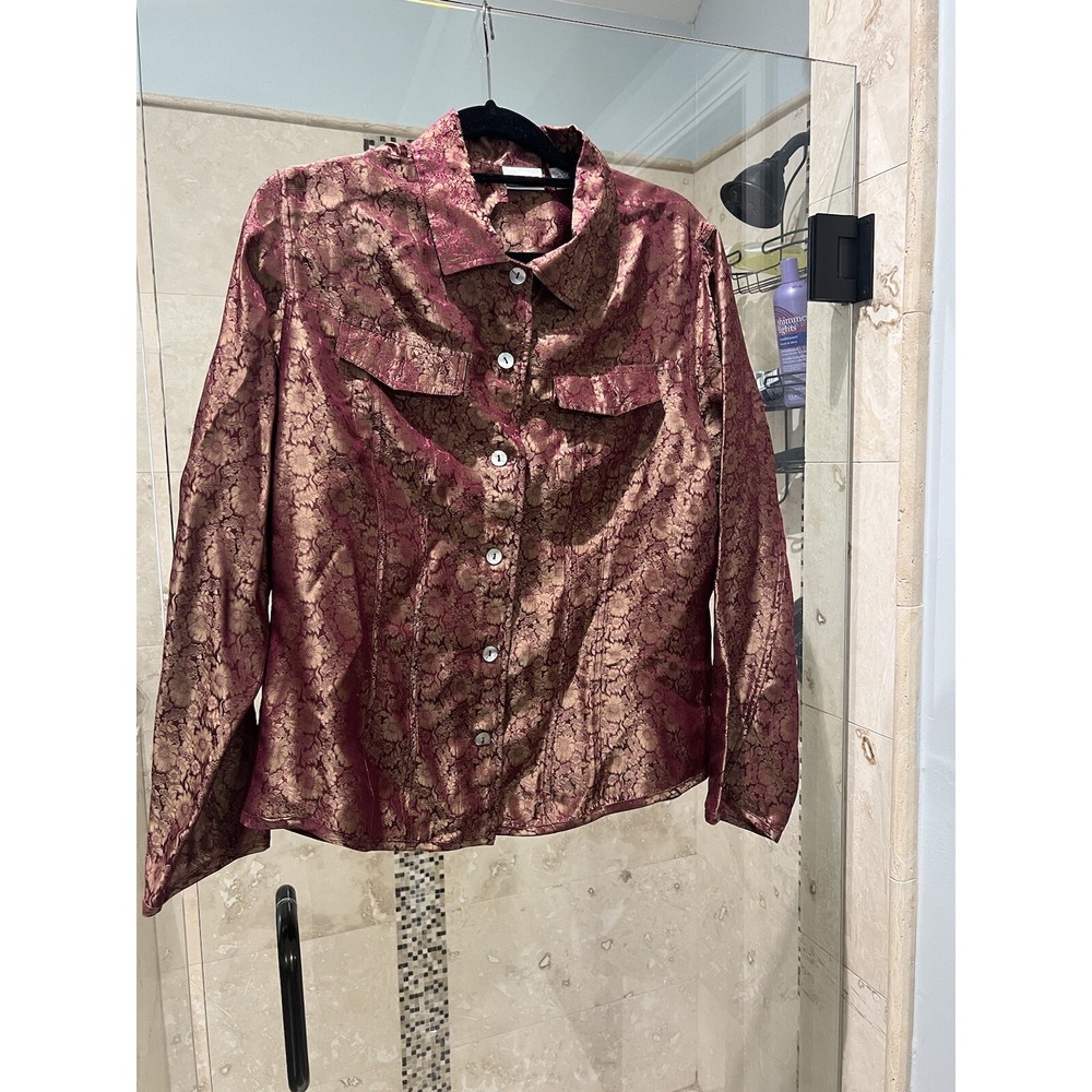 Chicos Design Silk Mandarin Asian Jacket 2 Large Red Tan Daisy Floral Brocade